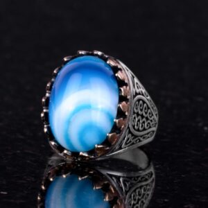 925 Ayar Saf Gümüş Erkek Yüzük - Doğal Taşlarla El Yapımı Şıklık (Mavi Akik Taşı) - Görsel 3