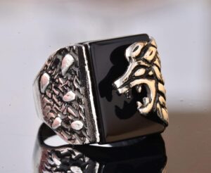 Doğal Obsidyen Taşlı Aslan Başlı Yüzük - Gümüş Erkek Yüzüğü - Görsel 3