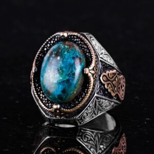 Gerçek Doğal Krysokolla Taşlı Yüzük - 925 Ayar Katı Gümüş Erkek Yüzüğü - Görsel 6