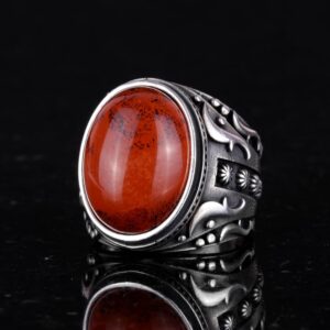Doğal Kırmızı Kan Taşı Yüzük, 925 Ayar Sert Gümüş Yüzük, Tasarım Gümüş Erkek Yüzüğü - Görsel 6