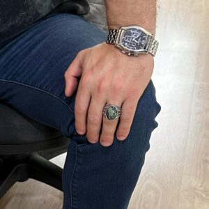 Doğal Yeşil Göz Taşı Yüzük, 925 Ayar Sert Gümüş Erkek Yüzüğü, Doğal Tasarım Gümüş Erkek Yüzüğü - Görsel 3