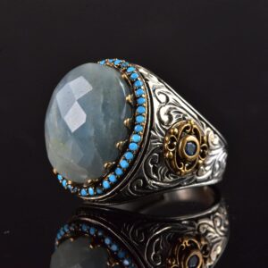Gerçek Doğal Akvamarin Taş Yüzük, El Yapımı Turkuaz Aksamlar, 925 Ayar Gümüş Erkek Yüzük - Görsel 6