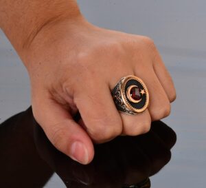 Hilal Yıldız Yüzük, Ay ve Yıldız Yüzüğü, Kırmızı Taşlı Erkek Gümüş Yüzük, 925 Ayar Gümüş Yüzük - Görsel 5