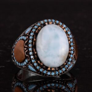Gerçek Doğal Taş Yüzük - El Yapımı Yüzük - İşlenmiş 925 Ayar Gümüş Yüzük (Larimar) - Görsel 5
