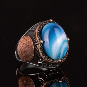 Doğal Mavi Akik Taşı Yüzük, Davud Yıldızı Yüzüğü - 925 Ayar Gümüş Erkek Yüzüğü, Gümüş Süleyman Mührü Yüzüğü - Görsel 6