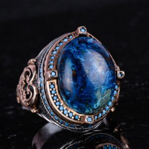 925 Ayar Gümüş Yüzük, Doğal Azurit Taşı ile, El Yapımı Erkek Yüzüğü, Vintage Tasarım - Görsel 5