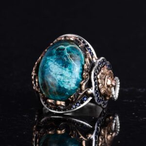 925 Ayar Katı Gümüş Erkek Yüzük, Gerçek Doğal Krysokolla Taşı Yüzük, Aslan Başı Yüzük - Görsel 4