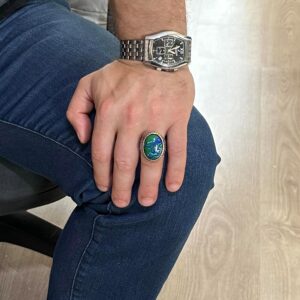 925 Ayar Gümüş Erkek Yüzük, Büyük Yüzük (Krisokolla Yapay Taş) - Görsel 3