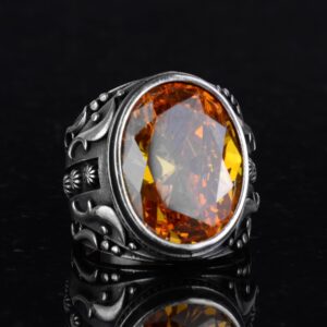 925 Ayar Gümüş Yüzük, Tasarım Gümüş Erkek Yüzüğü (Turuncu Yapay Sitrin Taşı) - Görsel 5