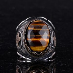 Osmanlı Tuğra Gümüş Yüzük, Doğal Taş Yüzük, 925 Ayar Gümüş Erkek Yüzük (Kaplan Göz) - Görsel 3