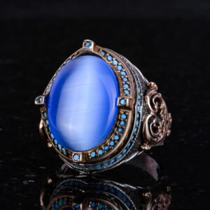 925 Ayar Gümüş Erkek Yüzük, Yapay Mavi Kedi Gözü Taşı, El Yapımı Vintage Tasarım İfadeli Yüzük - Görsel 6