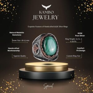 925 Ayar Katı Gümüş Erkek Yüzük, Doğal Malakit Taş Yüzük, Osmanlı Tuğra Gümüş Yüzük - Görsel 2