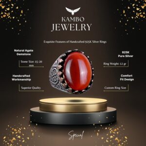 925 Ayar Sert Gümüş Erkek Yüzük - Doğal Kırmızı Akik Taşı ile El Yapımı Şıklık - Görsel 5