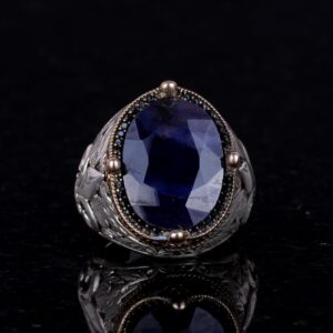 925 Ayar Gümüş El Yapımı Erkek Yüzük - Çeşitli Doğal Taşlarla Mevcuttur (Mavi Safir) - Görsel 2