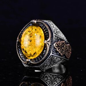 Şık El Yapımı 925 Ayar Gümüş Erkek Yüzüğü, Yapay Açık Sarı Amber Taşı) - Görsel 5