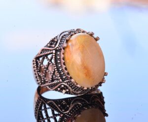 Doğal Altın Rutilli Kuvars Taşı Yüzük - 925 Ayar Gümüş Sultan Yüzüğü - Görsel 3