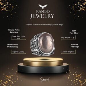 925 Ayar Katı Gümüş Erkek Yüzük, Gerçek Doğal Pirit Taşlı Yüzük, Refah Manifestosu Tasarımı - Görsel 2