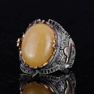 Mescidi Aksa Doğal Sarı Akik Taş Yüzük, 925 Ayar Gümüş Yüzük Erkekler İçin - Görsel 5