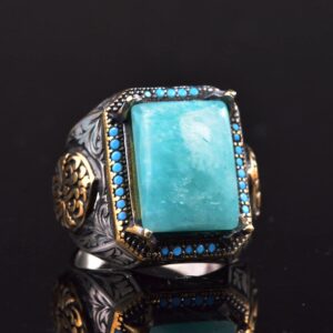 Gerçek Doğal Amazonit Taş Yüzük, Kral Yüzüğü, 925 Ayar Gümüş Yüzük Erkekler İçin - Görsel 5