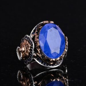 Aslan Sembol Yüzük, Lacivert Paraiba Yapay Taş Yüzük, 925 Ayar Gümüş Yüzük, Şık El Yapımı Gümüş Erkek Yüzüğü - Görsel 4