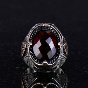 El Yapımı Doğal Granat Taşlı Yüzük - Derin 925K Katı Gümüş Erkek Yüzüğü - Görsel 4