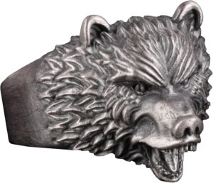 Ayı Başlı Erkek Yüzük - Hayvan Yüzüğü, Kızgın Ayı Başlı Erkek Yüzüğü, 925 Ayar Gümüş Yüzük - Görsel 1