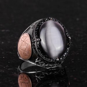 David Yıldızı Yüzük, Yapay Taş Yüzük, 925 Ayar Gümüş Süleyman Yüzüğü (Siyah Kedi Gözlü Yapay Taş) - Görsel 5