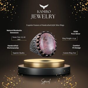 925 Ayar Katı Gümüş Erkek Yüzük Doğal Taşlarla - El Yapımı Şıklık (Rhodonit Taşı) - Görsel 6