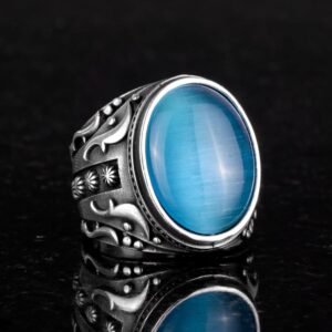 925 Ayar Gümüş Yüzük, Tasarım Gümüş Erkek Yüzüğü (Yapay Açık Mavi Kedi Gözü Taşı) - Görsel 5