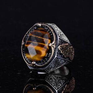 El Yapımı Doğal Kaplan Gözlü Taş Yüzük - 925 Ayar Katı Gümüş Erkek Yüzüğü, Cesur Tasarım - Görsel 6