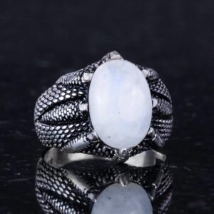 925 Ayar Gümüş Erkek Yüzük, Doğal Taşlı, El Yapımı Vintage Tasarım Pençeli Yüzük (Larimar) - Görsel 5