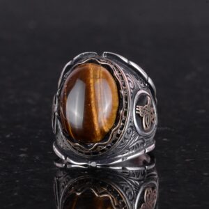 El Yapımı Cabochon Kaplan Gözlü Taş Yüzük, 925K Katı Gümüş Erkek Yüzüğü, Cesur Tasarım, Osmanlı Tuğra Yüzüğü - Görsel 4