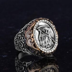 Ölüm Meleği Tasarımlı Erkek Yüzüğü - Kafatası Yüzüğü - 925 Ayar Gümüş Erkek Yüzüğü (Sarı) - Görsel 5