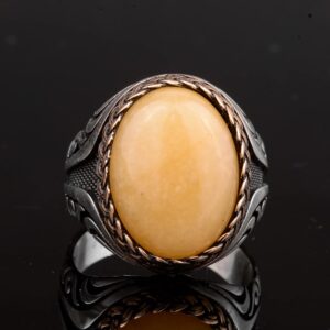 Erkekler için Doğal Sarı Akik Taşlı Yüzük, 925 Ayar Gümüş El Yapımı Vintage Tarzı - Görsel 3