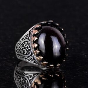 925 Ayar Katı Gümüş Erkek Yüzüğü Doğal Taşlarla - El Yapımı Şıklık (Cabochon Granat Taşı) - Görsel 3