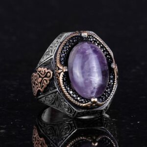 El Yapımı Ametist Taş Yüzük - Spiritüel 925K Katı Sterlin Gümüş Erkek Yüzük, Sezgi ve Koruma Tasarımı - Görsel 6
