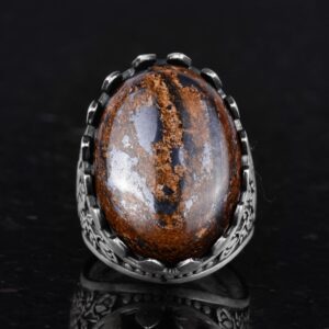 Gerçek Doğal Taş Yüzük - Gül Desenli Yüzük - 925 Ayar Gümüş Yüzük - El Yapımı Büyük Yüzük (Bronzit) - Görsel 4