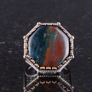 Gerçek Doğal Taş Yüzük - Sekizgen Tasarım - El Yapımı 925 Ayar Gümüş Takı (Yeşil Kan Taşı) - Görsel 4