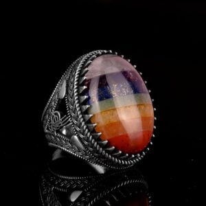 925 Ayar Gümüş Erkek Yüzük, 7 Çakra Doğal Taşı Yüzük, Gökkuşağı Yüzük, Tuğra Yüzük - Görsel 4
