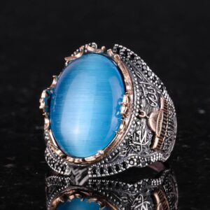 İslami Camii 925 Ayar Gümüş Erkek Yüzük, Açık Mavi Kedi Gözü Oluşan Taş Yüzük - Görsel 3