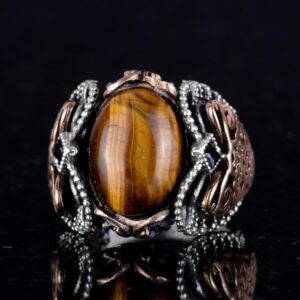 Gerçek Doğal Kaplan Gözü Taşı Yüzük, 925K Katı Gümüş Erkek Yüzüğü, Cesur Tasarım - Görsel 6