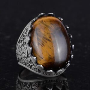 Gerçek Doğal Taş Yüzük - Gül Desenli Yüzük - 925 Ayar Gümüş Yüzük - El Yapımı Büyük Yüzük (Kaplan Göz) - Görsel 5