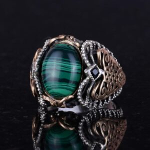 Doğal Malakit Taş Yüzük, 925 Ayar Katı Gümüş Erkek Yüzüğü - Görsel 5