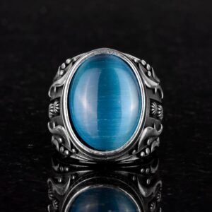 925 Ayar Gümüş Yüzük, Tasarım Gümüş Erkek Yüzüğü (Yapay Açık Mavi Kedi Gözü Taşı) - Görsel 3