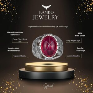 Gerçek Doğal Yıldız Yakut Taşlı Yüzük, 925 Ayar Gümüş Erkek Yüzük - Görsel 2