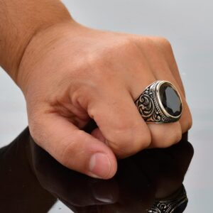 Doğal Obsidyen Taşlı El Yapımı 925 Ayar Gümüş Erkek Yüzük, Karmaşık Bant Tasarımı, Kendine Has Gümüş Yüzük - Görsel 3