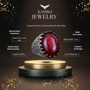 925 Ayar Katı Gümüş Erkek Yüzük, Doğal Taşlarla - El Yapımı Zarafet (Cabochon Yakut Taşı) - Görsel 5