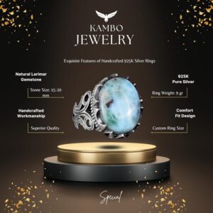 925 Ayar Katı Gümüş Erkek Yüzük - Doğal Taş Seçeneği ile El Yapımı Tasarım (Larimar) - Görsel 2