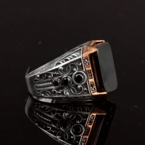 Gerçek Doğal Obsidyen Taş Yüzük, 925 Ayar Gümüş Erkek Yüzüğü - Görsel 4