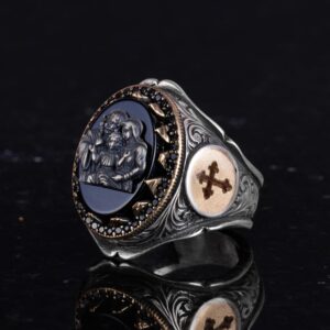 Kutsal Aile Gümüş Yüzük, İsa Meryem Yusuf, Erkekler için Haç Desenli Bant, 925 Ayar Gümüş Yüzük - Görsel 5